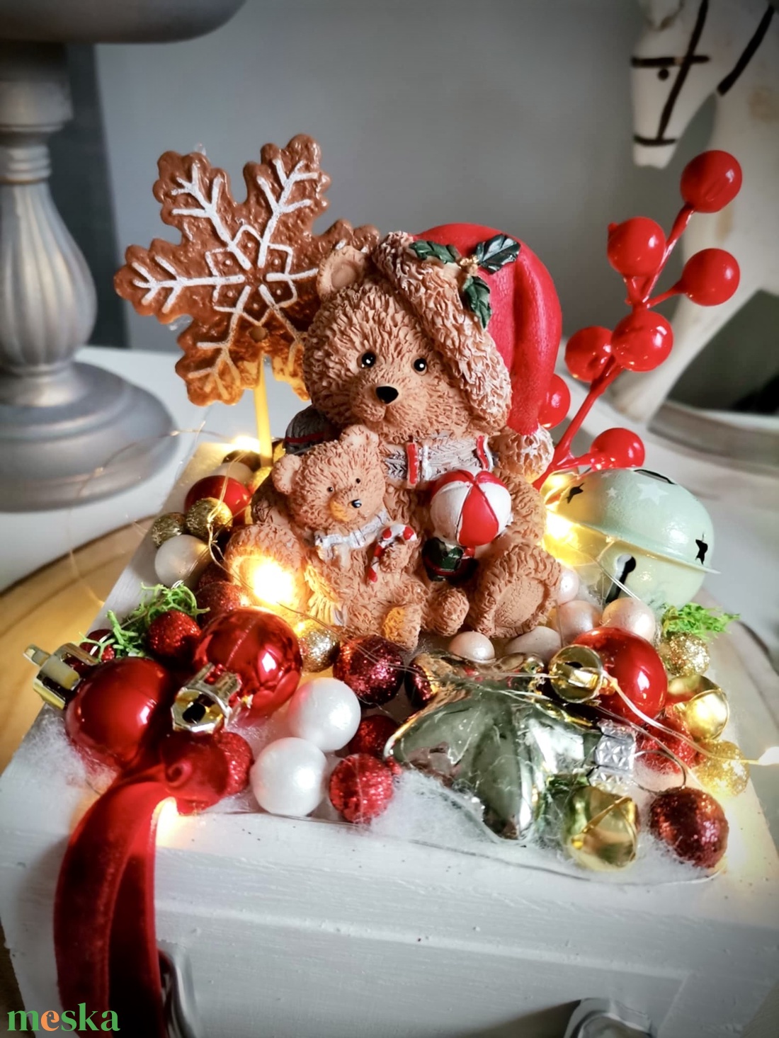 Édes mackó fiókos, világító asztaldísz, világító dísz - karácsony - adventi díszek - adventi asztaldísz - Meska.hu