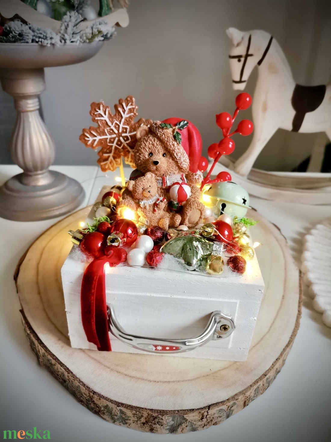 Édes mackó fiókos, világító asztaldísz, világító dísz - karácsony - adventi díszek - adventi asztaldísz - Meska.hu