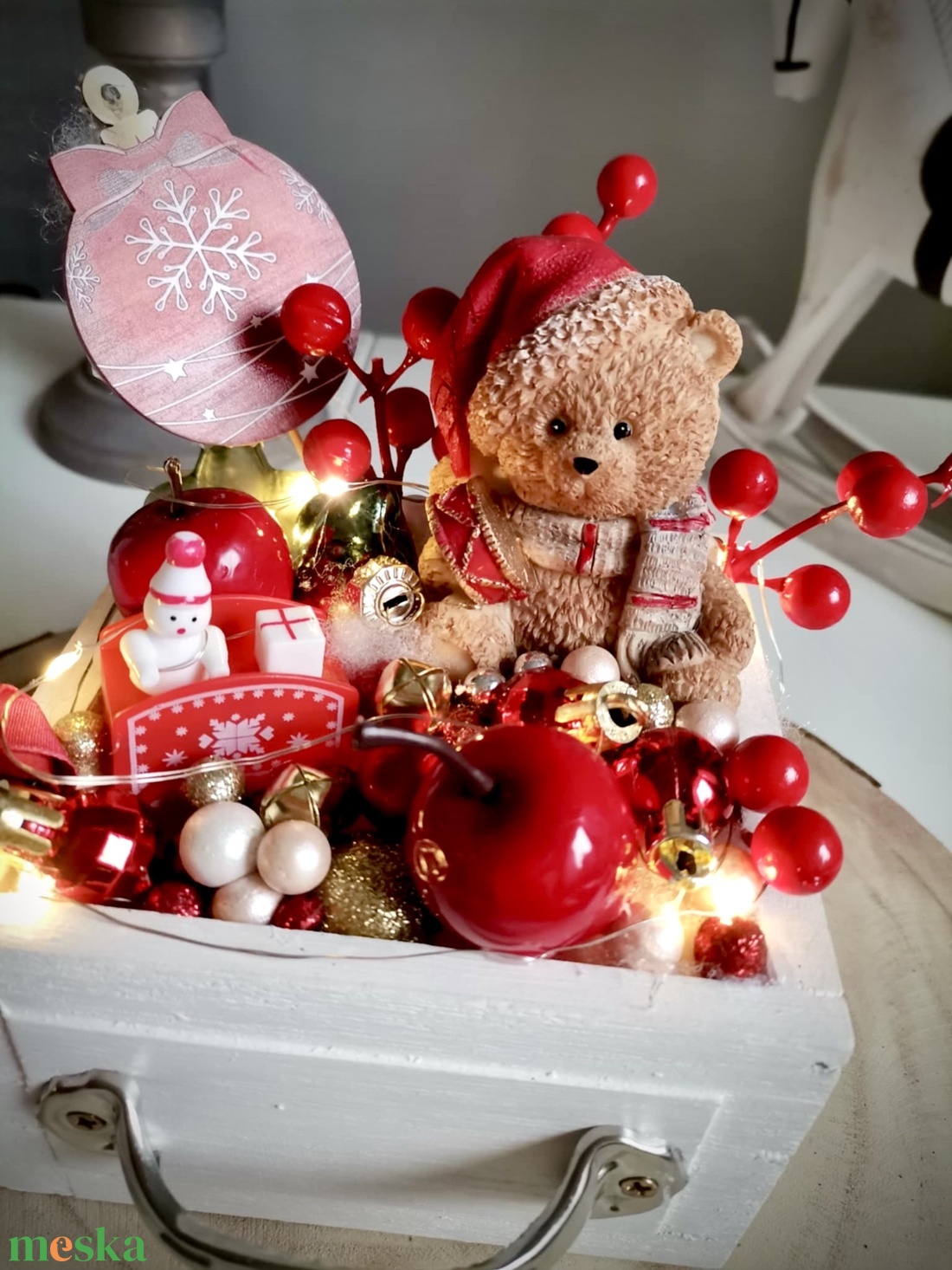 Édes mackó fiókos, világító asztaldísz, világító dísz - karácsony - adventi díszek - adventi asztaldísz - Meska.hu