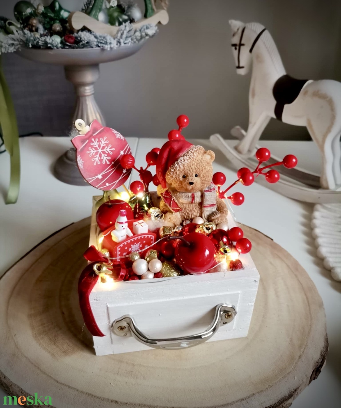 Édes mackó fiókos, világító asztaldísz, világító dísz - karácsony - adventi díszek - adventi asztaldísz - Meska.hu