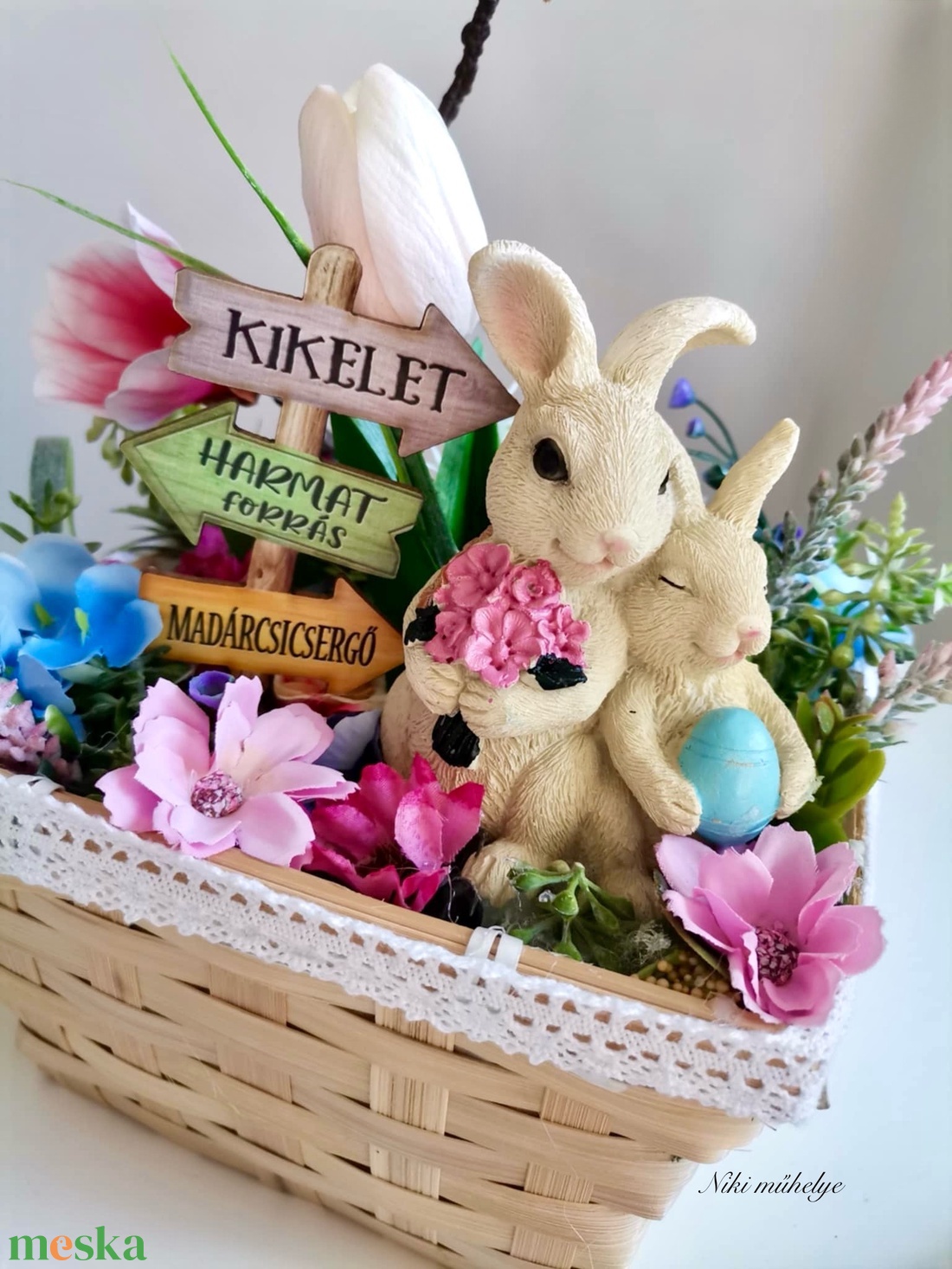 Magnólia Nyuszi Húsvéti dekoráció, Tavaszi asztaldísz, húsvéti kosár dekoráció, dekoráció, Selyemvirág asztaldísz  - otthon & életmód - dekoráció - asztal és polc dekoráció - asztaldísz - Meska.hu