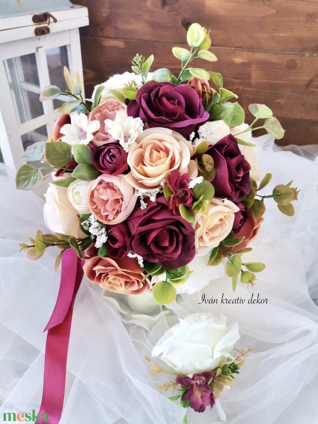 Menyasszonyi csokor, örökcsokor, selyemvirág csokor kitűzővel, burgundi, bordó csokor - esküvő - menyasszonyi- és dobócsokor - Meska.hu