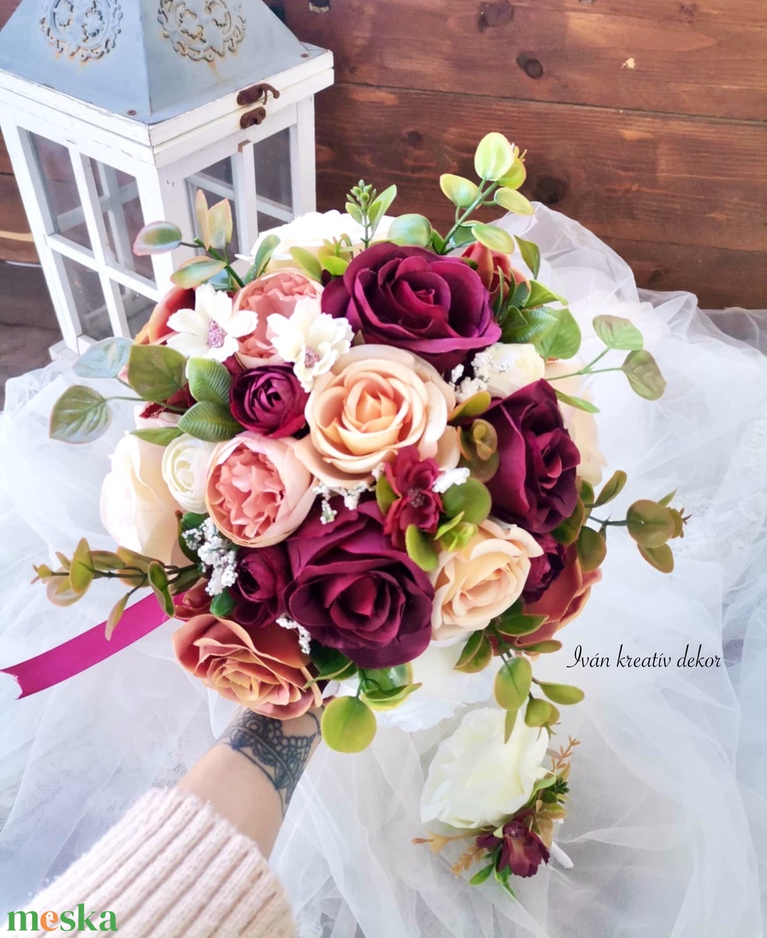 Menyasszonyi csokor, örökcsokor, selyemvirág csokor kitűzővel, burgundi, bordó csokor - esküvő - menyasszonyi- és dobócsokor - Meska.hu