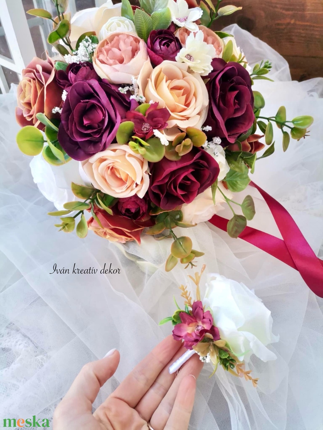 Menyasszonyi csokor, örökcsokor, selyemvirág csokor kitűzővel, burgundi, bordó csokor - esküvő - menyasszonyi- és dobócsokor - Meska.hu
