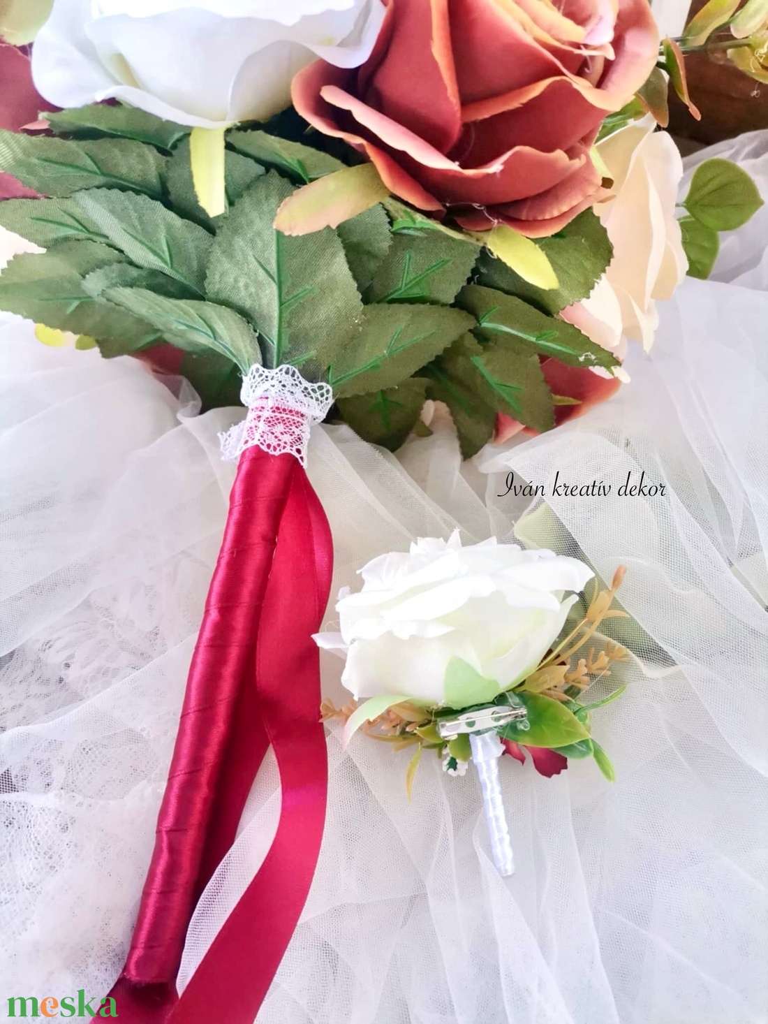 Menyasszonyi csokor, örökcsokor, selyemvirág csokor kitűzővel, burgundi, bordó csokor - esküvő - menyasszonyi- és dobócsokor - Meska.hu