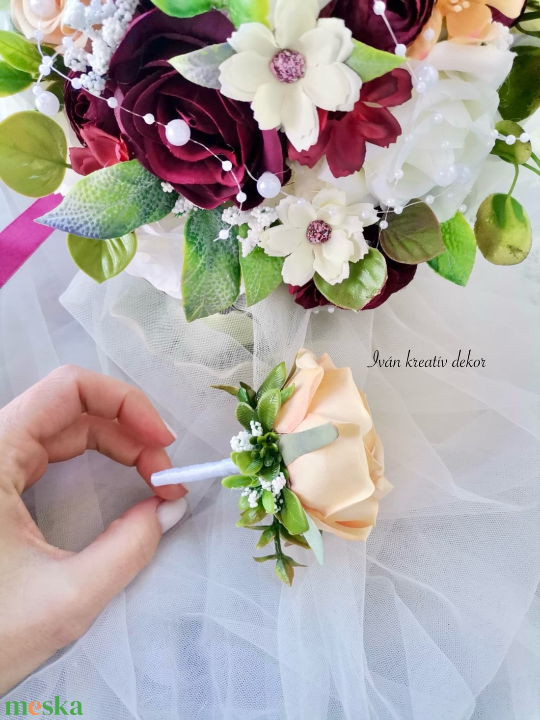 Gyöngyös Menyasszonyi csokor, örökcsokor, selyemvirág csokor kitűzővel, burgundi, bordó csokor - esküvő - menyasszonyi- és dobócsokor - Meska.hu