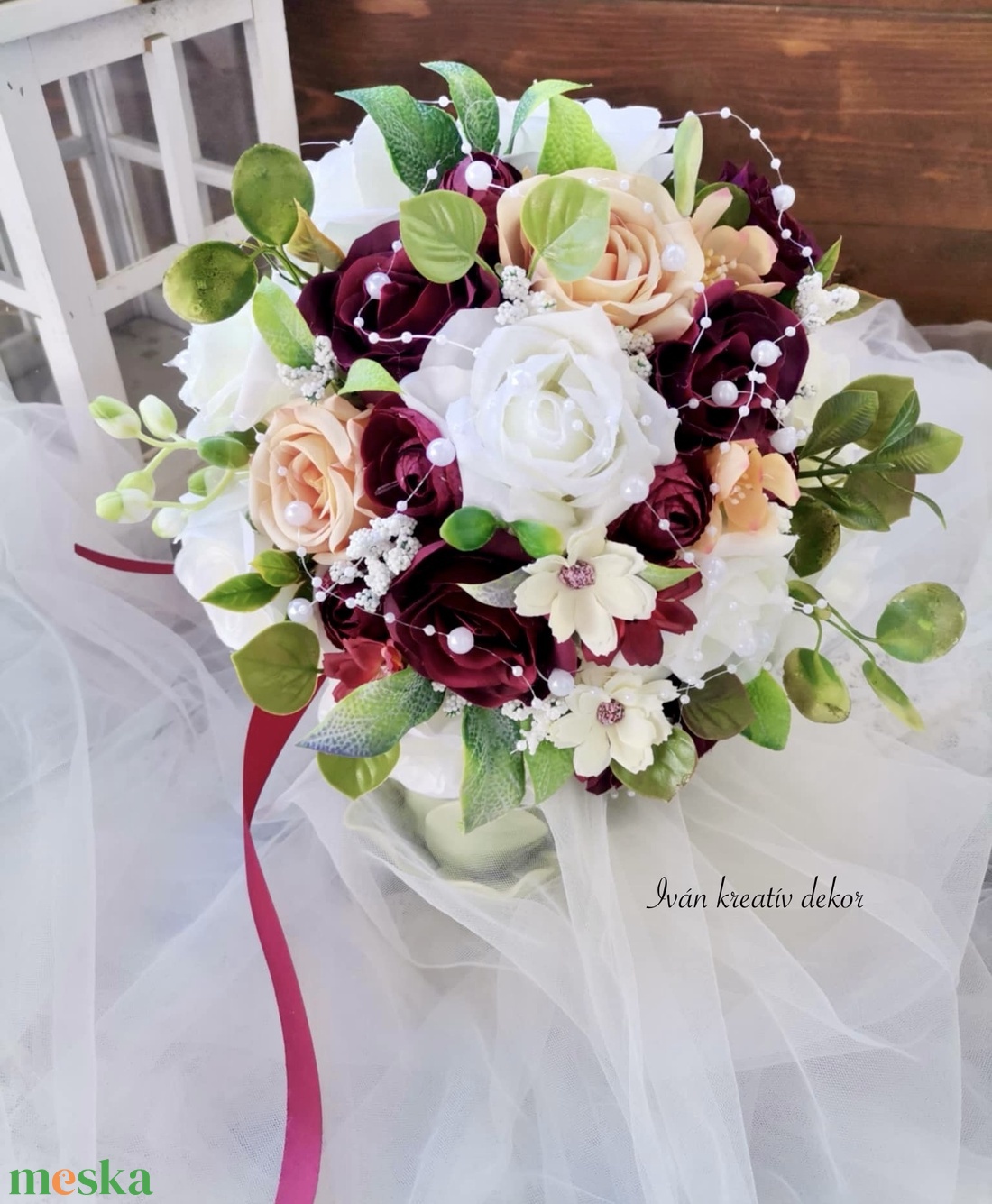 Gyöngyös Menyasszonyi csokor, örökcsokor, selyemvirág csokor kitűzővel, burgundi, bordó csokor - esküvő - menyasszonyi- és dobócsokor - Meska.hu