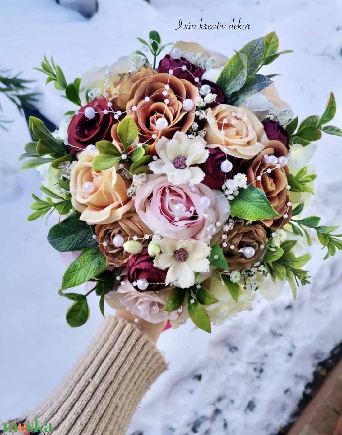 Gyöngyös Menyasszonyi csokor, örökcsokor, selyemvirág csokor kitűzővel, burgundi, bordó csokor - esküvő - menyasszonyi- és dobócsokor - Meska.hu