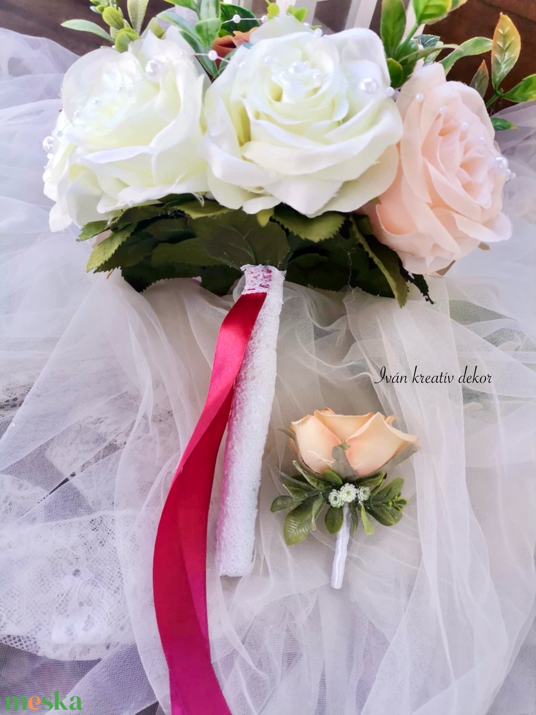 Gyöngyös Menyasszonyi csokor, örökcsokor, selyemvirág csokor kitűzővel, burgundi, bordó csokor - esküvő - menyasszonyi- és dobócsokor - Meska.hu