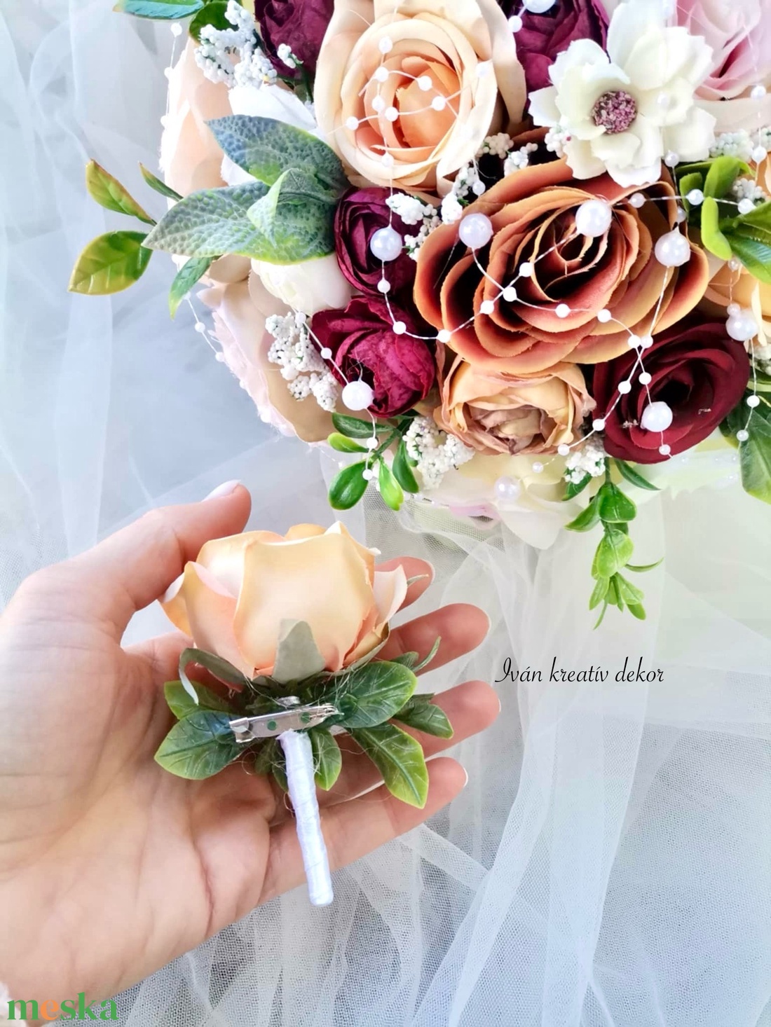 Gyöngyös Menyasszonyi csokor, örökcsokor, selyemvirág csokor kitűzővel, burgundi, bordó csokor - esküvő - menyasszonyi- és dobócsokor - Meska.hu