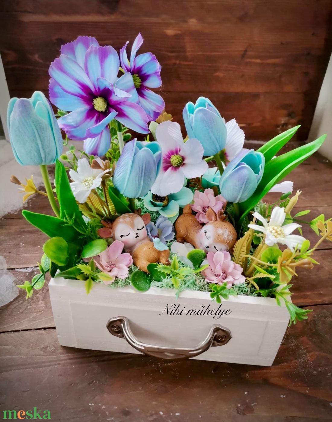 Fiókos őzike dekoráció, Tavaszi asztaldísz, húsvéti kosár dekoráció, pillangóvirág fiók dekor - otthon & életmód - dekoráció - húsvéti asztaldíszek - Meska.hu