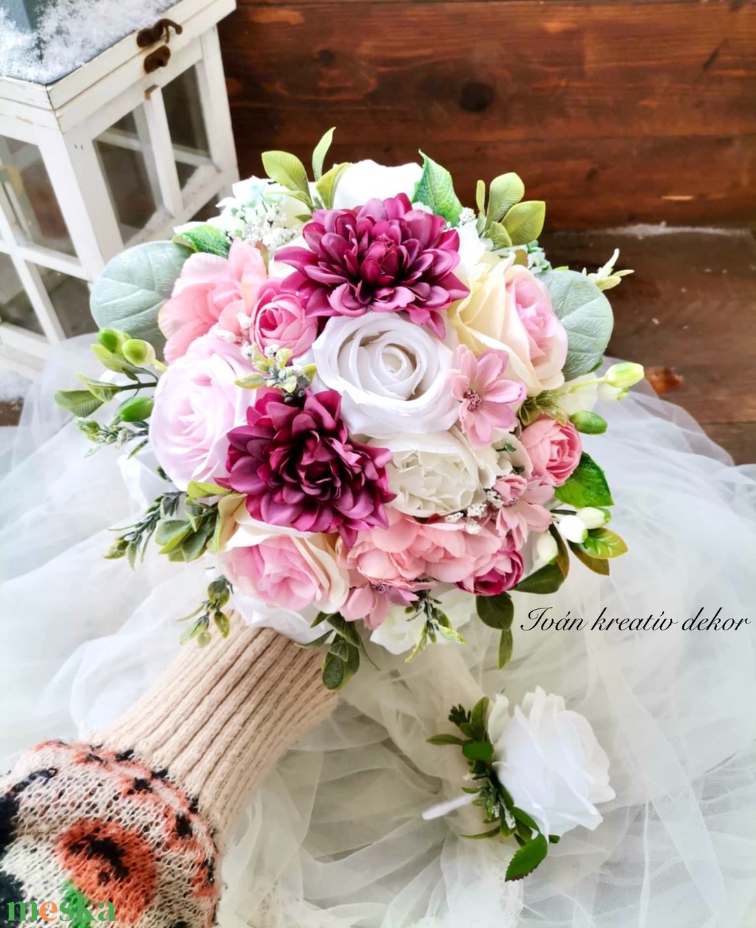 Pasztell Menyasszonyi csokor, örökcsokor, selyemvirág csokor kitűzővel, nude csokor - esküvő - menyasszonyi- és dobócsokor - Meska.hu