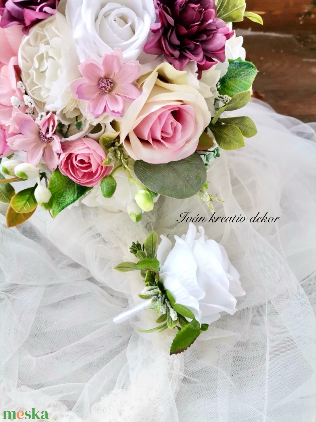 Pasztell Menyasszonyi csokor, örökcsokor, selyemvirág csokor kitűzővel, nude csokor - esküvő - menyasszonyi- és dobócsokor - Meska.hu