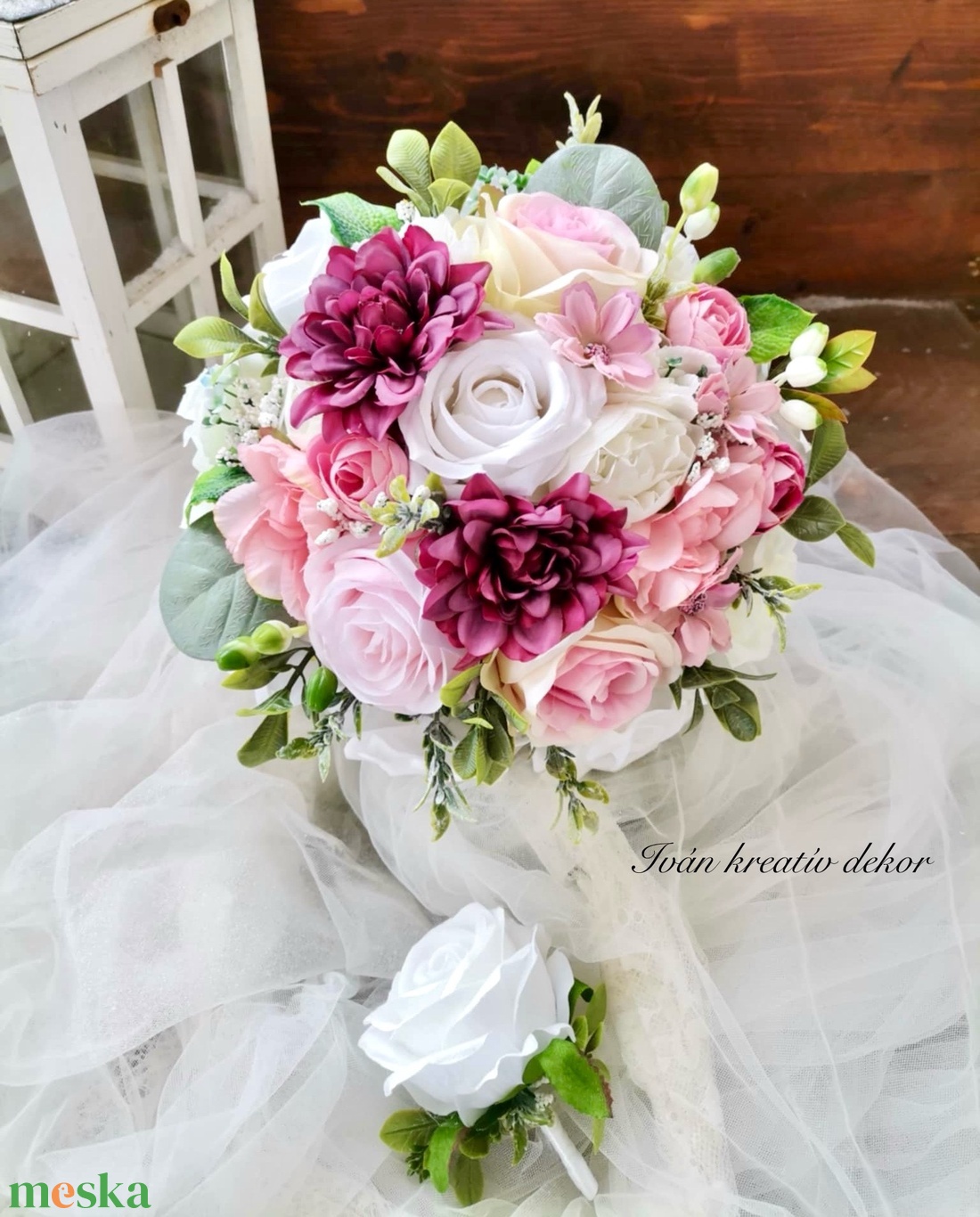 Pasztell Menyasszonyi csokor, örökcsokor, selyemvirág csokor kitűzővel, nude csokor - esküvő - menyasszonyi- és dobócsokor - Meska.hu