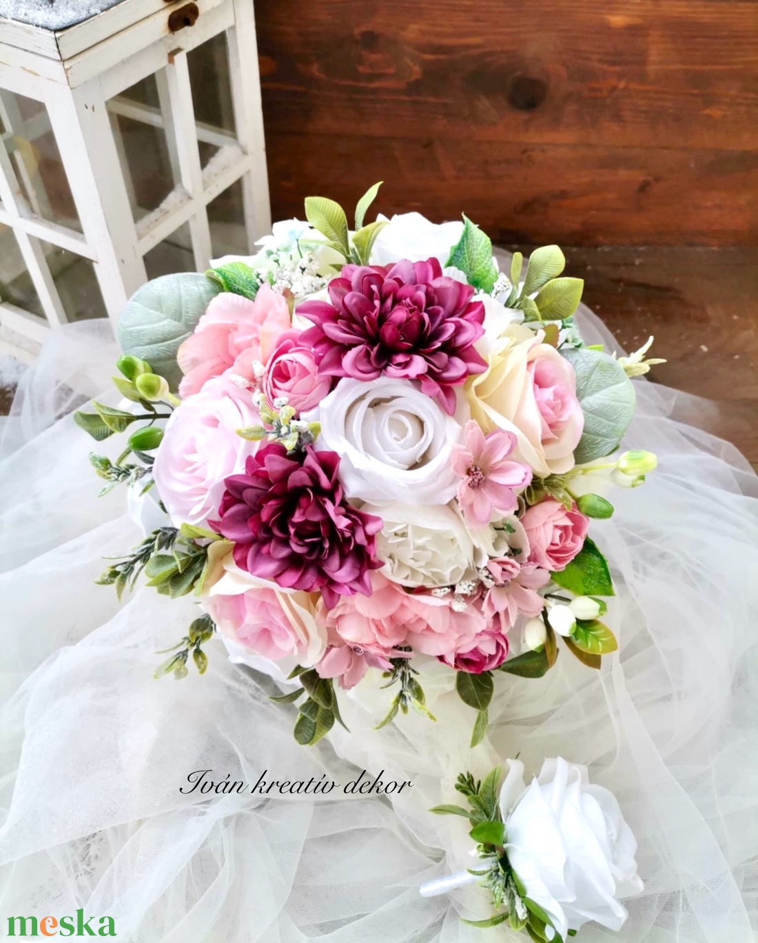 Pasztell Menyasszonyi csokor, örökcsokor, selyemvirág csokor kitűzővel, nude csokor - esküvő - menyasszonyi- és dobócsokor - Meska.hu