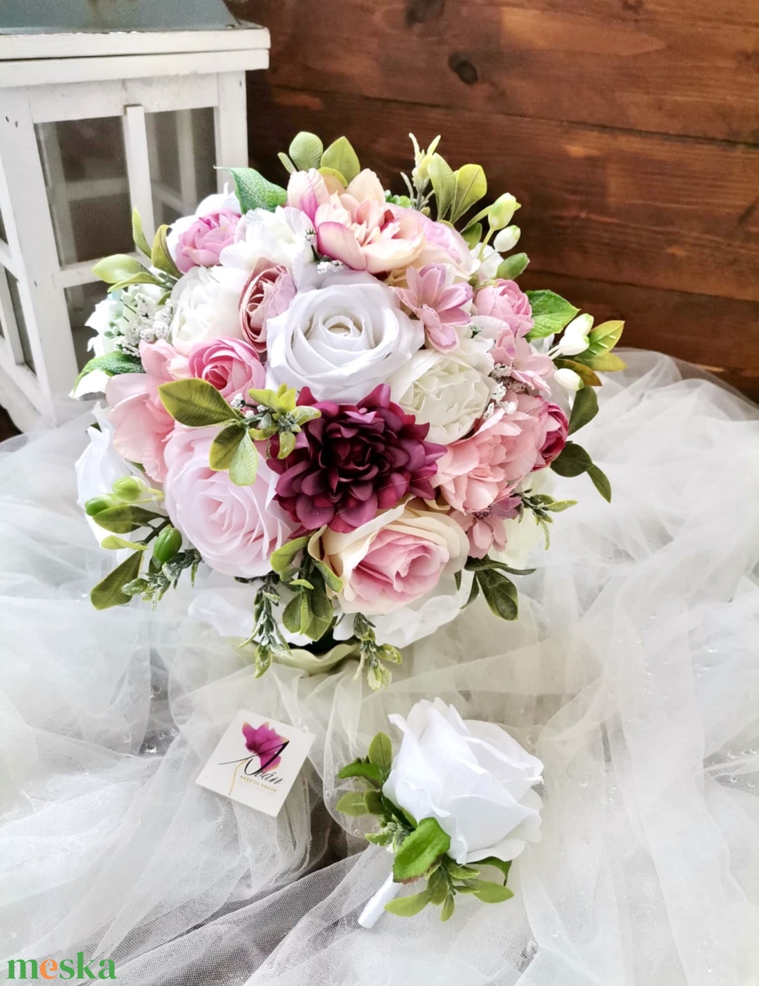 Menyasszonyi csokor, örökcsokor, selyemvirág csokor kitűzővel, pasztell, nude csokor - esküvő - menyasszonyi- és dobócsokor - Meska.hu