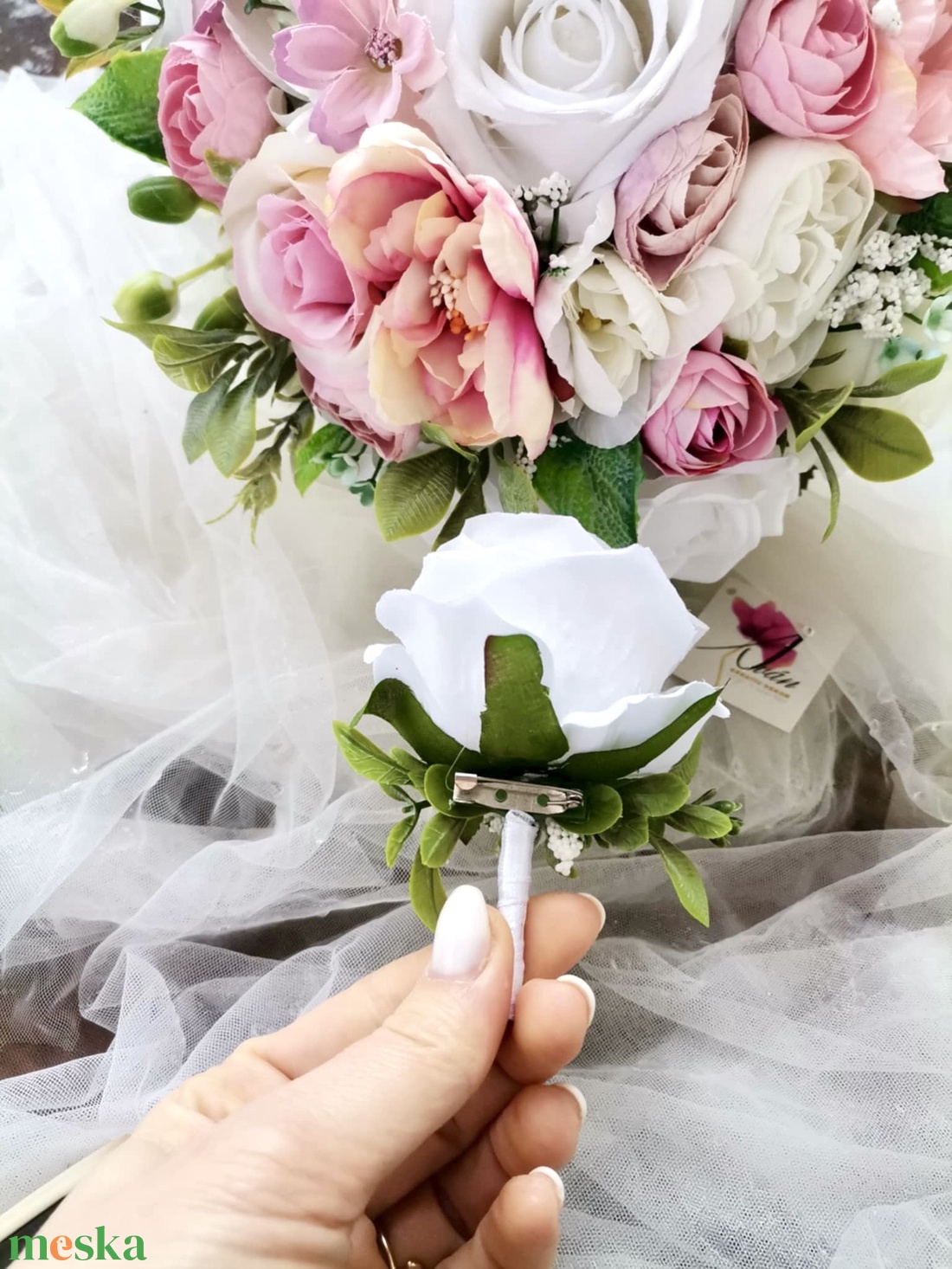 Menyasszonyi csokor, örökcsokor, selyemvirág csokor kitűzővel, pasztell, nude csokor - esküvő - menyasszonyi- és dobócsokor - Meska.hu