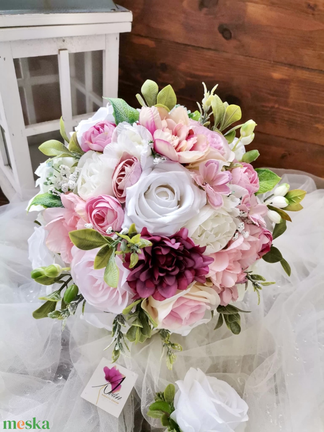 Menyasszonyi csokor, örökcsokor, selyemvirág csokor kitűzővel, pasztell, nude csokor - esküvő - menyasszonyi- és dobócsokor - Meska.hu