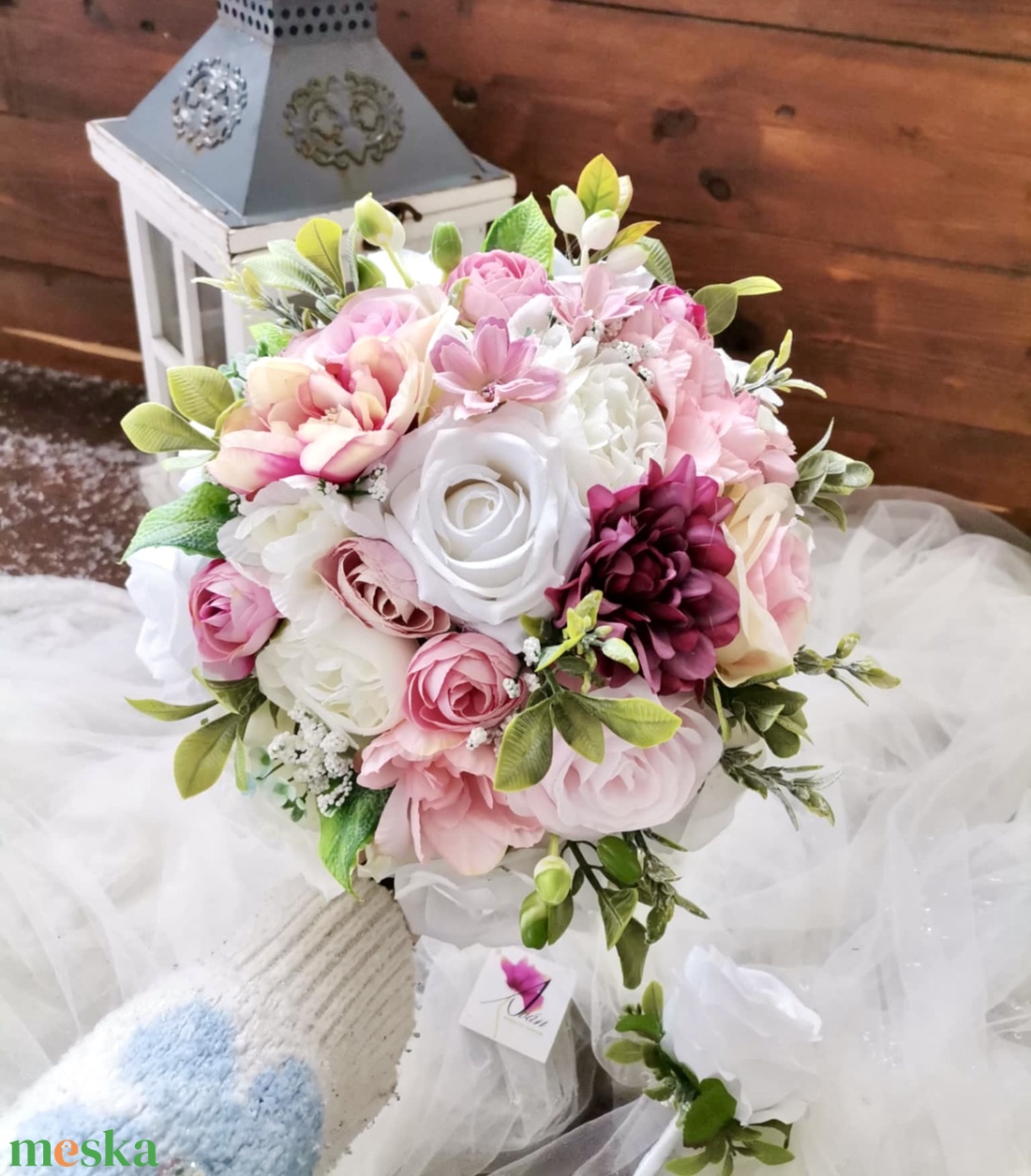 Menyasszonyi csokor, örökcsokor, selyemvirág csokor kitűzővel, pasztell, nude csokor - esküvő - menyasszonyi- és dobócsokor - Meska.hu