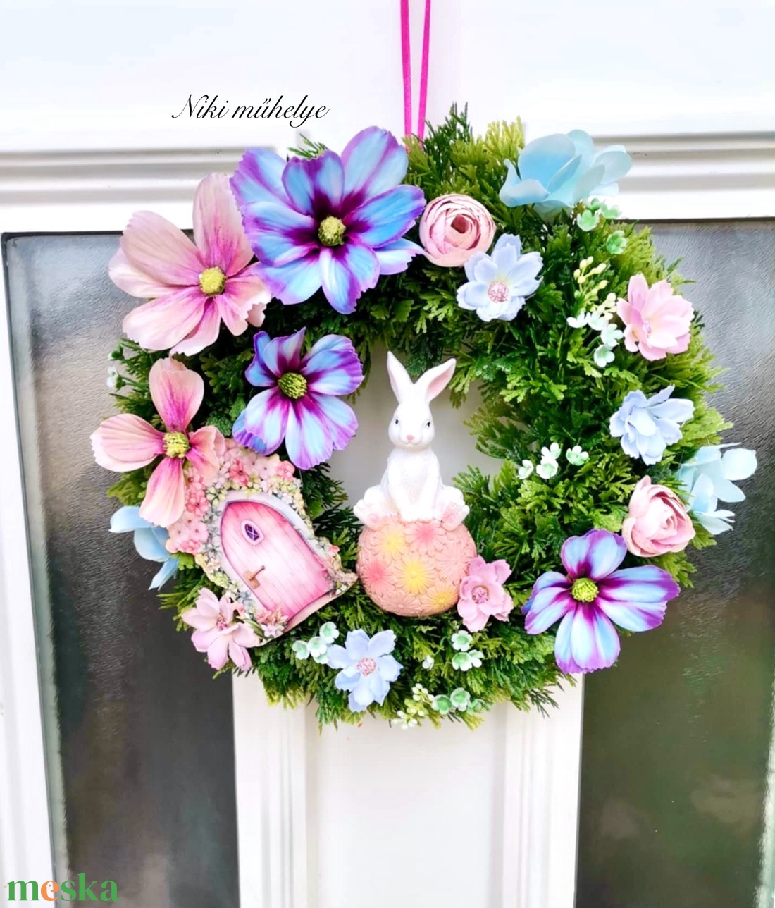 Nyuszi ajtódísz, kopogtató, tavaszi dekoráció, pillangóvirág dekor - otthon & életmód - dekoráció - ajtó- és ablak dekoráció - ajtódísz & kopogtató - Meska.hu
