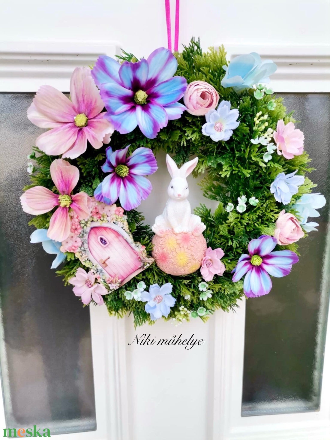 Nyuszi ajtódísz, kopogtató, tavaszi dekoráció, pillangóvirág dekor - otthon & életmód - dekoráció - ajtó- és ablak dekoráció - ajtódísz & kopogtató - Meska.hu