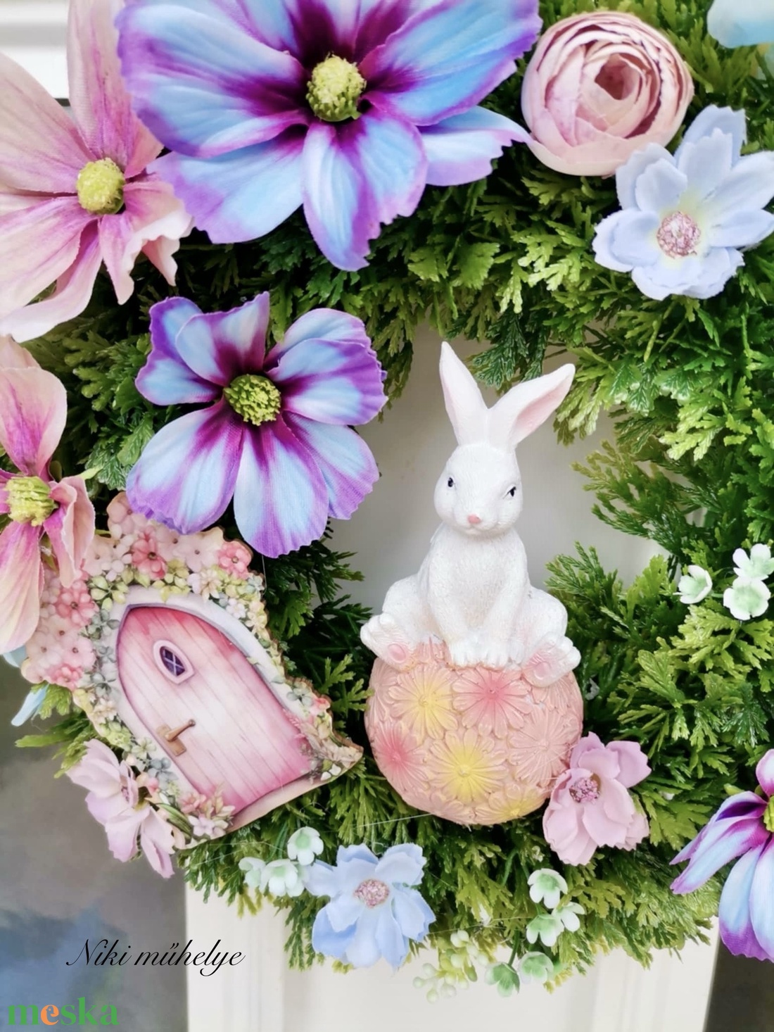 Nyuszi ajtódísz, kopogtató, tavaszi dekoráció, pillangóvirág dekor - otthon & életmód - dekoráció - ajtó- és ablak dekoráció - ajtódísz & kopogtató - Meska.hu