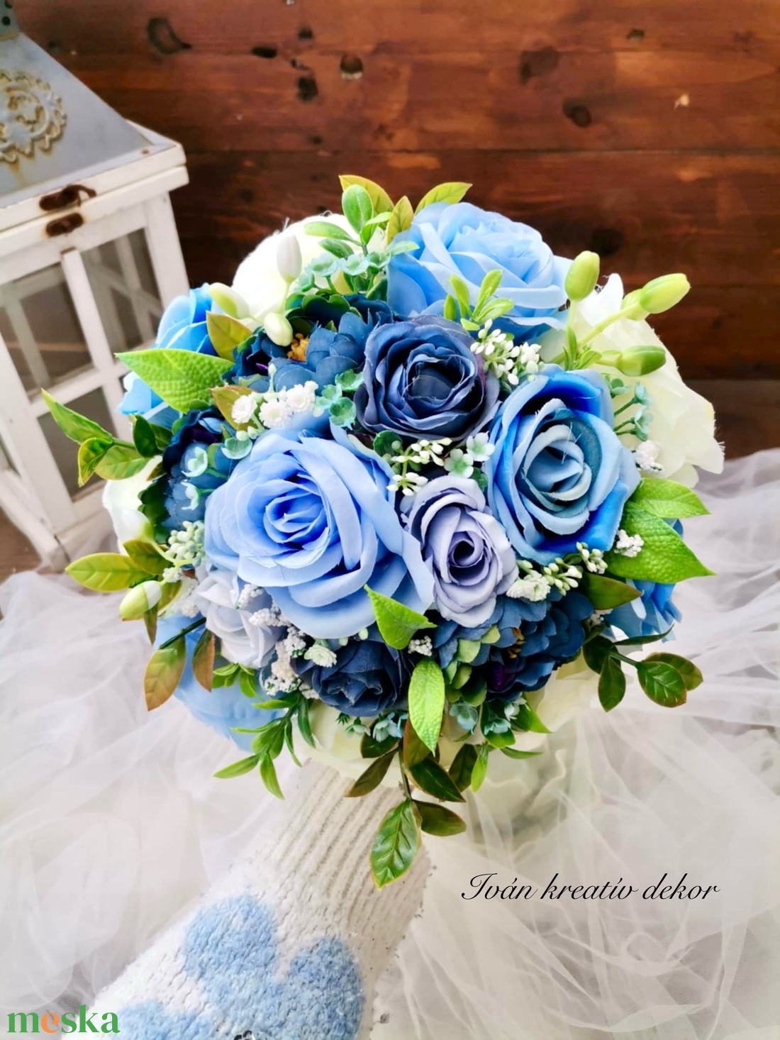 Valami kék Menyasszonyi csokor, örökcsokor, selyemvirág csokor kitűzővel, - esküvő - menyasszonyi- és dobócsokor - Meska.hu