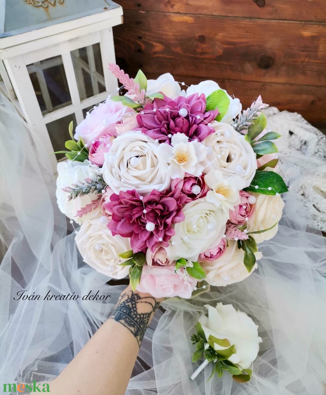 Gyöngyös Menyasszonyi csokor, örökcsokor, selyemvirág csokor kitűzővel, pasztell, nude csokor - esküvő - menyasszonyi- és dobócsokor - Meska.hu