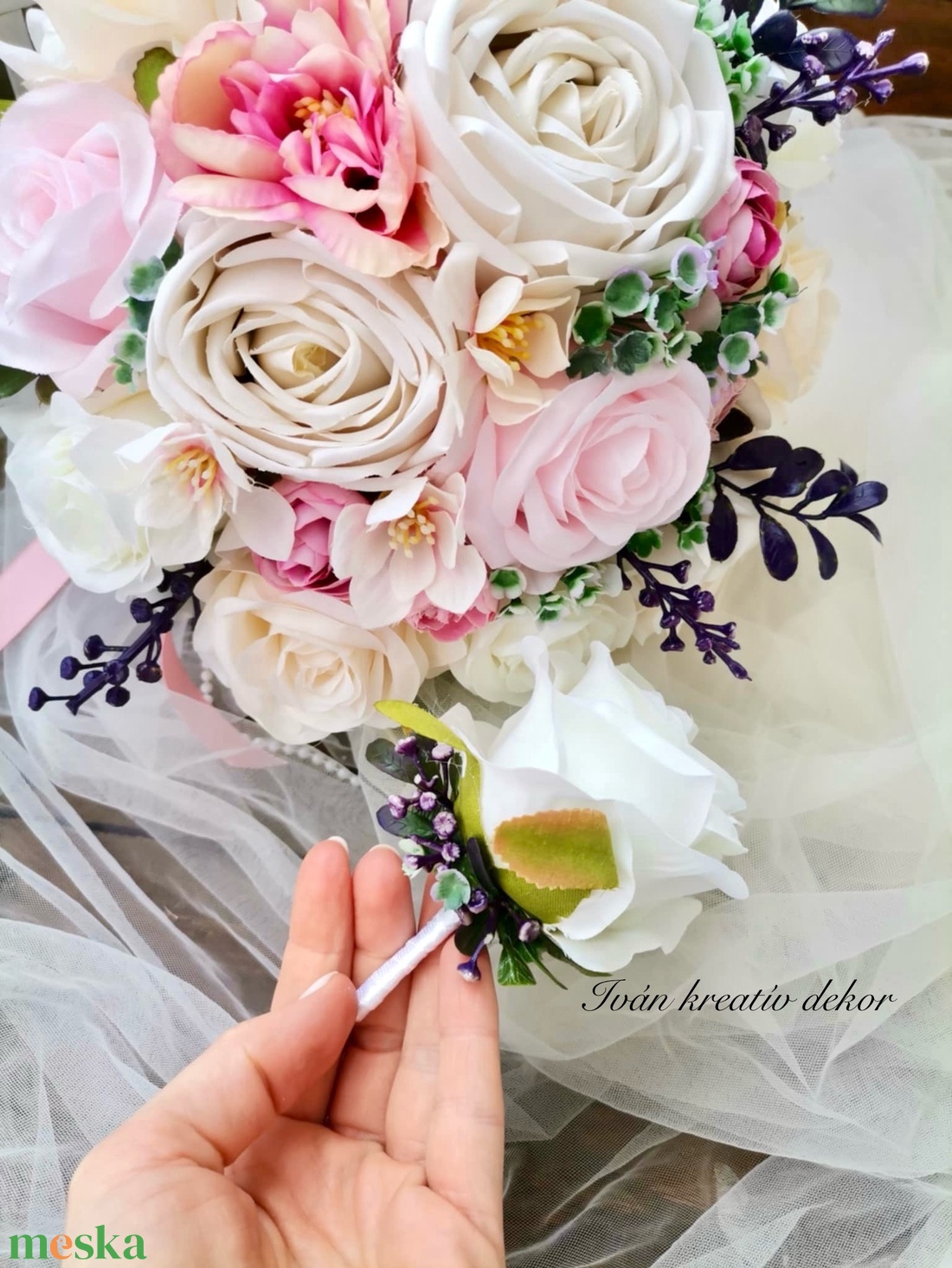 Menyasszonyi csokor, örökcsokor, selyemvirág csokor kitűzővel, pasztell, nude csokor - esküvő - menyasszonyi- és dobócsokor - Meska.hu