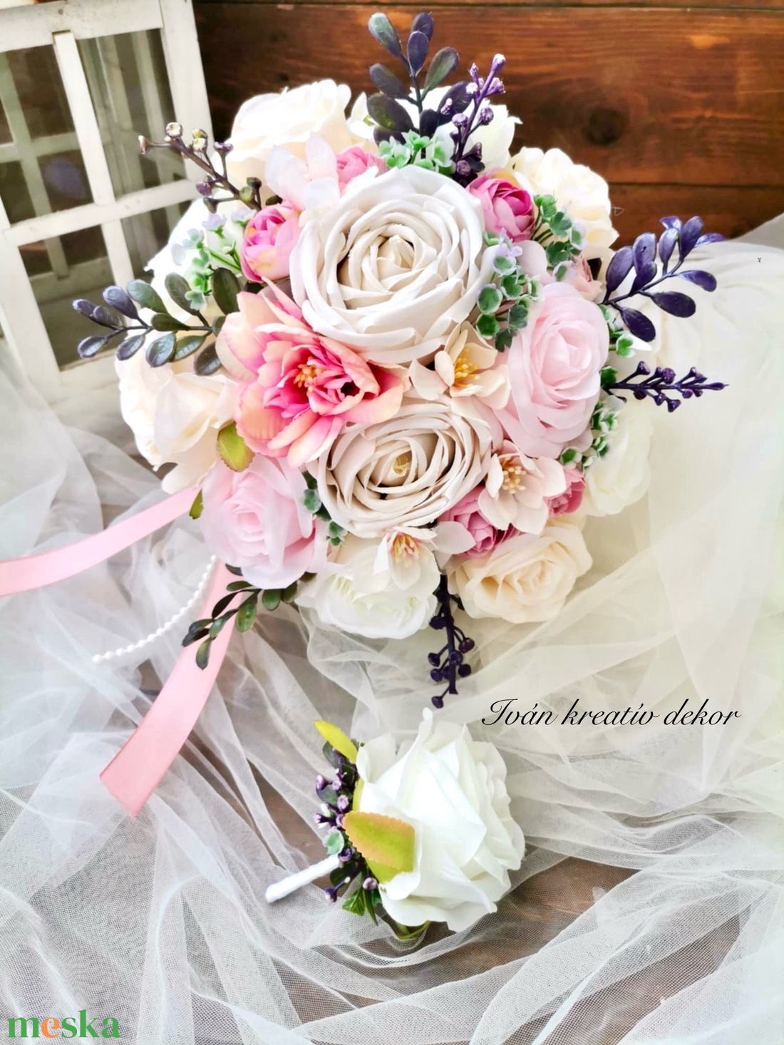 Menyasszonyi csokor, örökcsokor, selyemvirág csokor kitűzővel, pasztell, nude csokor - esküvő - menyasszonyi- és dobócsokor - Meska.hu