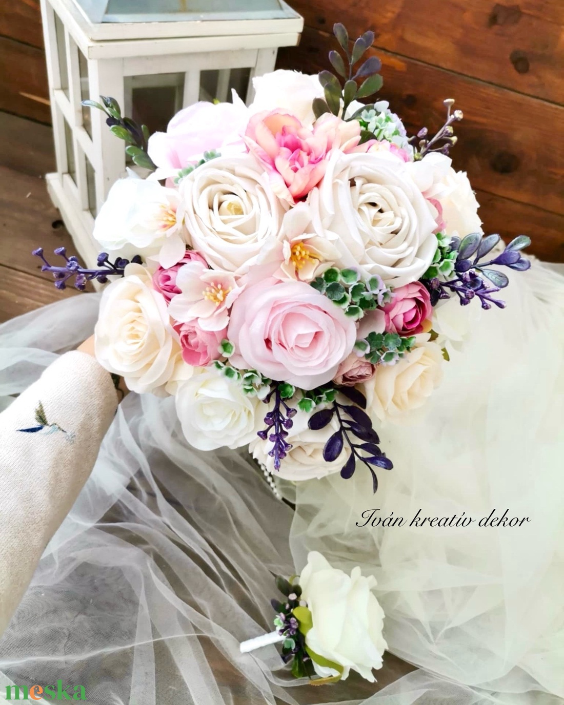 Menyasszonyi csokor, örökcsokor, selyemvirág csokor kitűzővel, pasztell, nude csokor - esküvő - menyasszonyi- és dobócsokor - Meska.hu