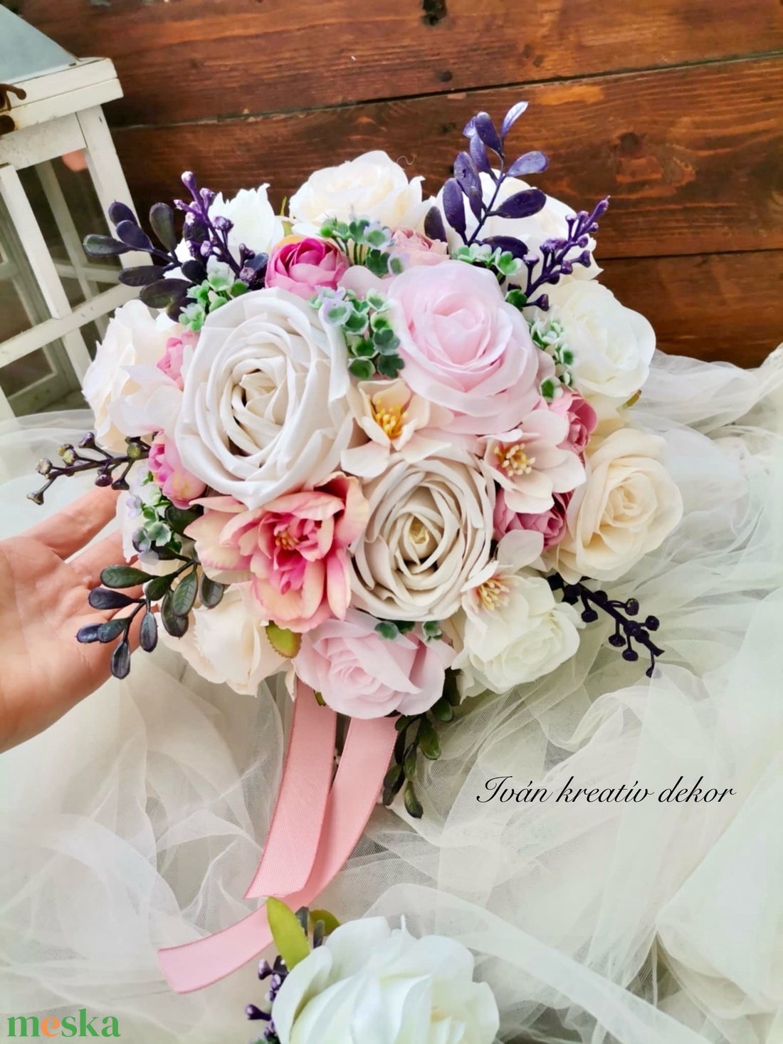 Menyasszonyi csokor, örökcsokor, selyemvirág csokor kitűzővel, pasztell, nude csokor - esküvő - menyasszonyi- és dobócsokor - Meska.hu