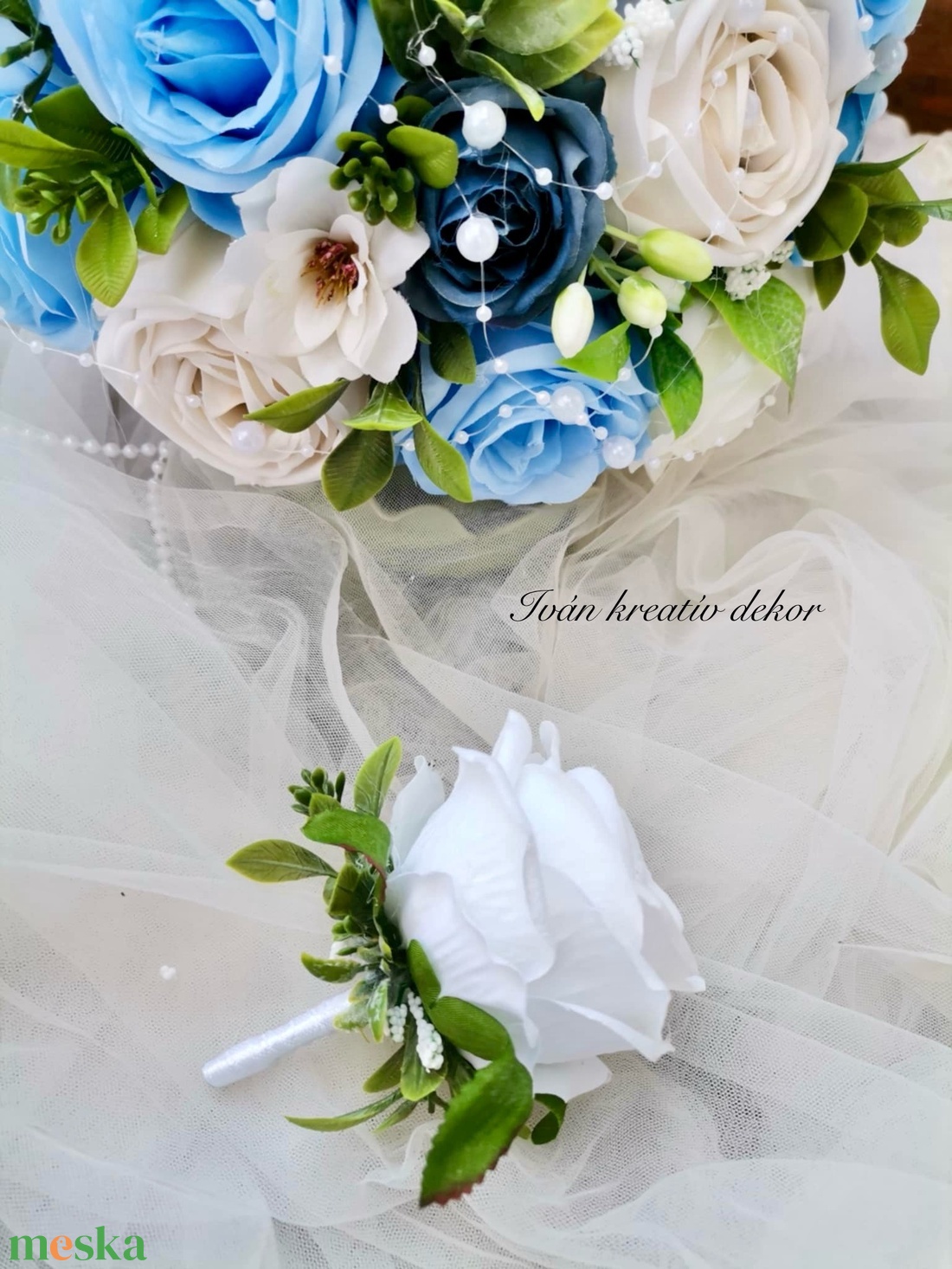 Gyöngyös Valami kék Menyasszonyi csokor, örökcsokor, selyemvirág csokor kitűzővel, - esküvő - menyasszonyi- és dobócsokor - Meska.hu