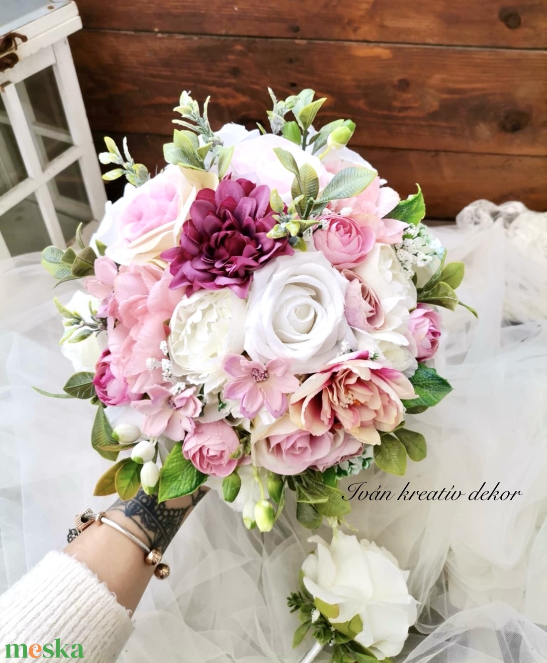 Menyasszonyi csokor, örökcsokor, selyemvirág csokor kitűzővel, pasztell, nude csokor - esküvő - menyasszonyi- és dobócsokor - Meska.hu