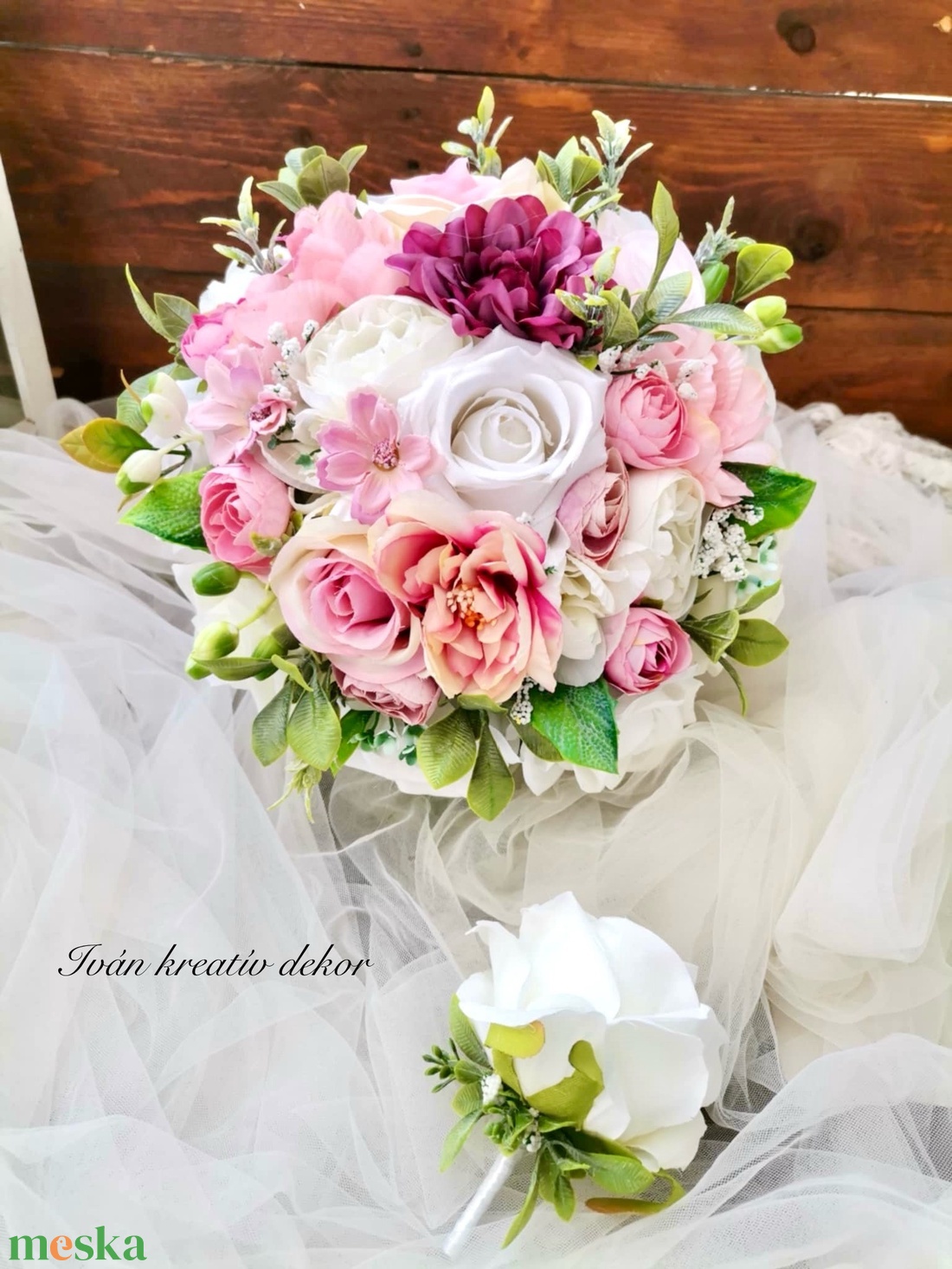 Menyasszonyi csokor, örökcsokor, selyemvirág csokor kitűzővel, pasztell, nude csokor - esküvő - menyasszonyi- és dobócsokor - Meska.hu