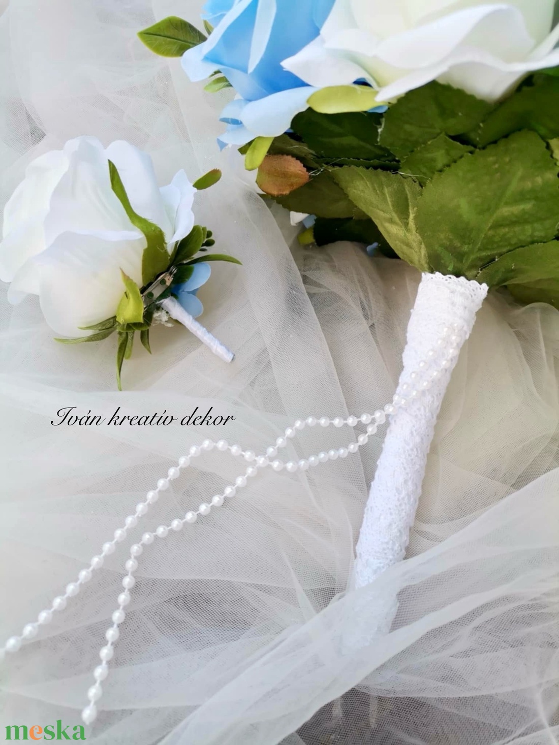  Valami kék Menyasszonyi csokor, örökcsokor, selyemvirág csokor kitűzővel, - esküvő - menyasszonyi- és dobócsokor - Meska.hu