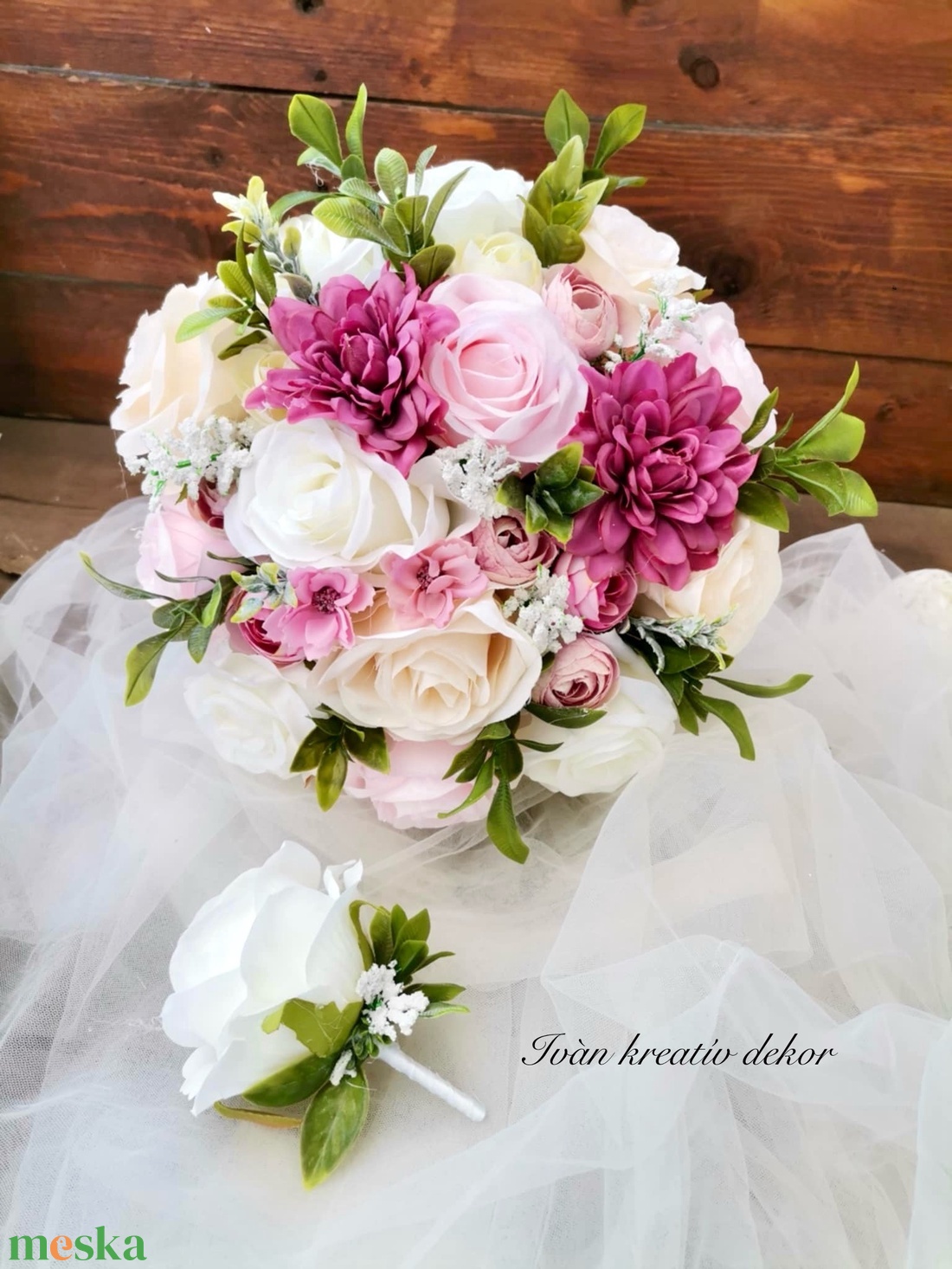 Pasztell nude menyasszonyi csokor, örökcsokor, selyemvirág csokor kitűzővel, - esküvő - menyasszonyi- és dobócsokor - Meska.hu