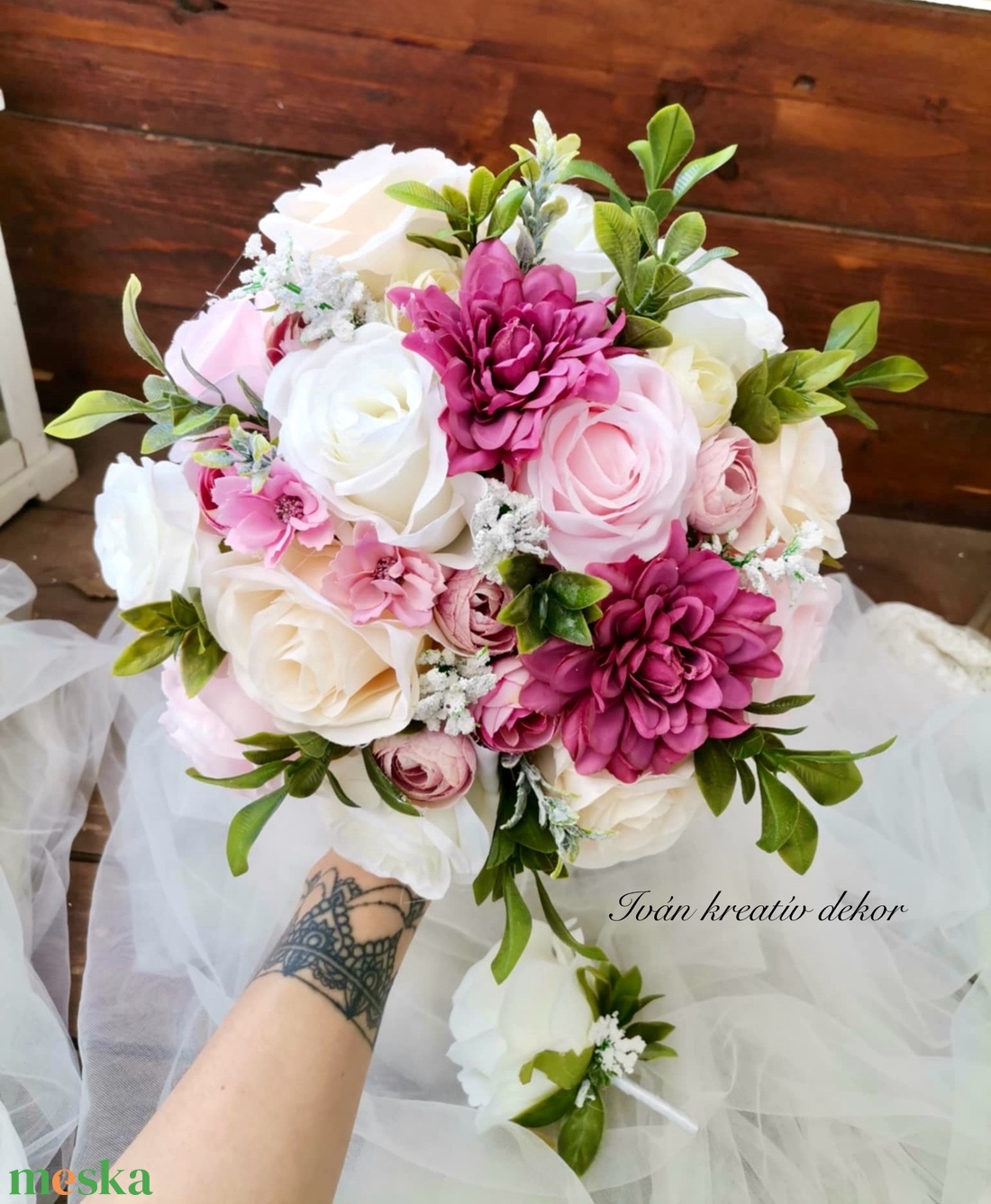 Pasztell nude menyasszonyi csokor, örökcsokor, selyemvirág csokor kitűzővel, - esküvő - menyasszonyi- és dobócsokor - Meska.hu