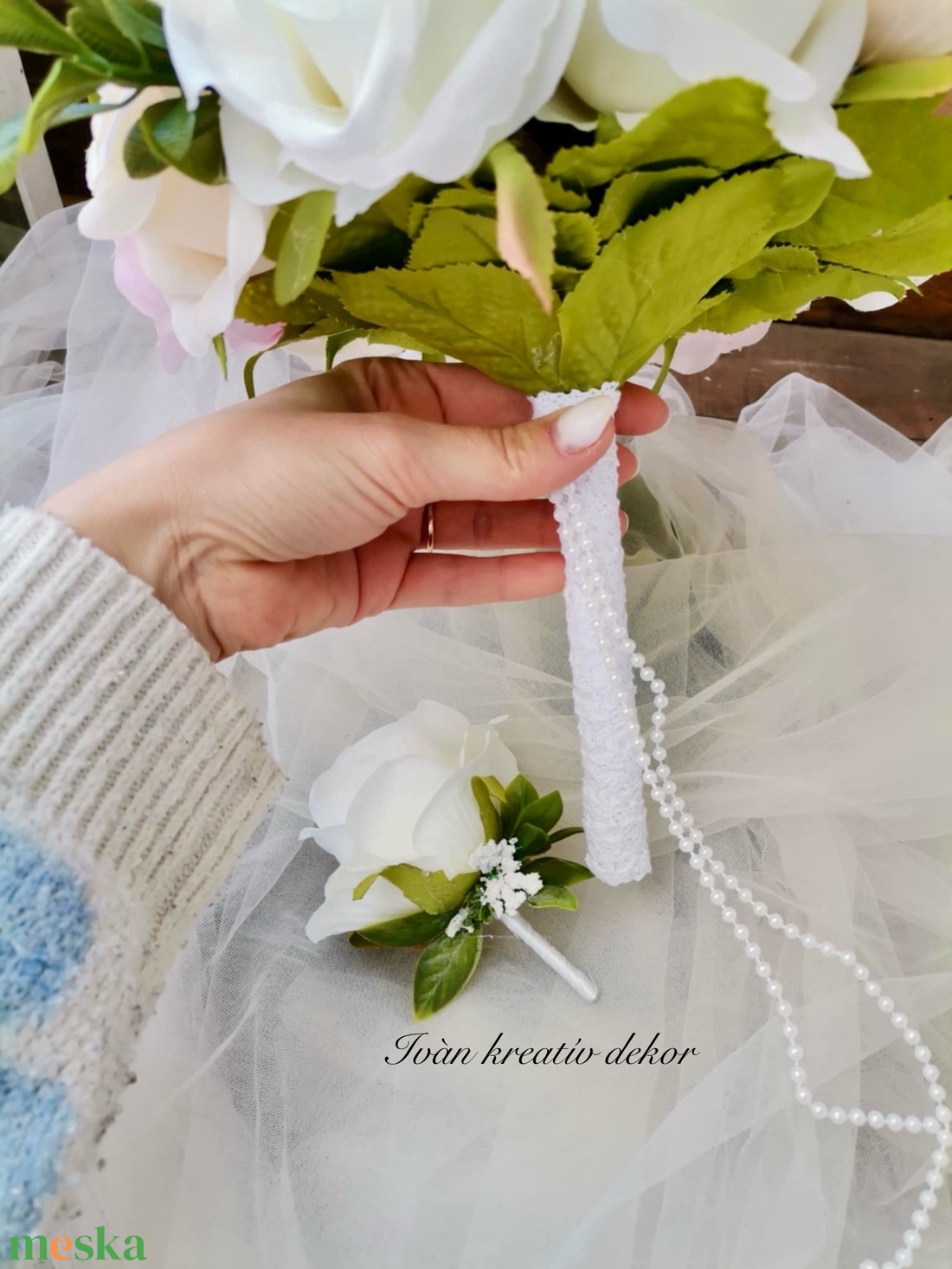 Pasztell nude menyasszonyi csokor, örökcsokor, selyemvirág csokor kitűzővel, - esküvő - menyasszonyi- és dobócsokor - Meska.hu