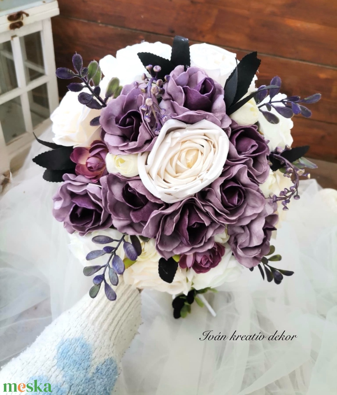 Antik Lila menyasszonyi csokor, örökcsokor, selyemvirág csokor kitűzővel, - esküvő - menyasszonyi- és dobócsokor - Meska.hu