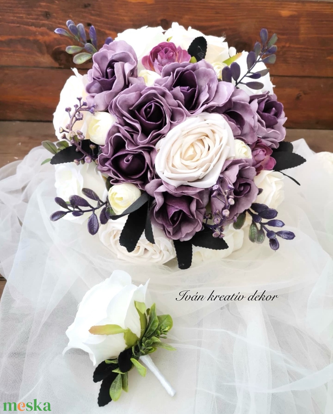 Antik Lila menyasszonyi csokor, örökcsokor, selyemvirág csokor kitűzővel, - esküvő - menyasszonyi- és dobócsokor - Meska.hu