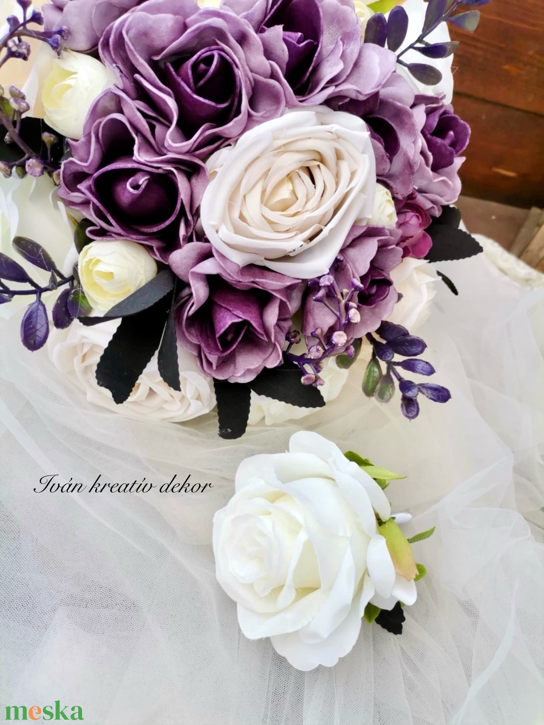 Antik Lila menyasszonyi csokor, örökcsokor, selyemvirág csokor kitűzővel, - esküvő - menyasszonyi- és dobócsokor - Meska.hu