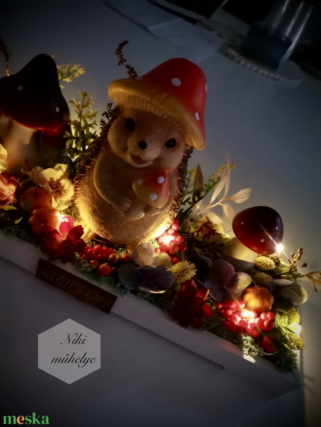 Őszi világító asztaldísz, LED világítással, süni dekoráció  - otthon & életmód - dekoráció - halloween - halloweeni asztaldísz - Meska.hu