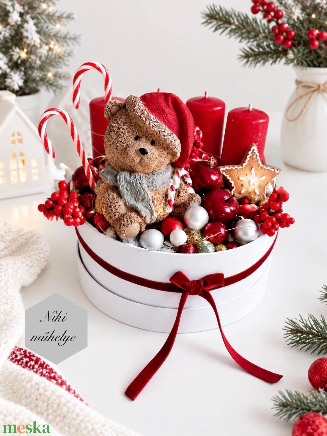 Világító adventi box, mackó adventi dísz, adventi koszorú, asztaldísz (led világítással)  - karácsony - adventi díszek - adventi koszorú - Meska.hu