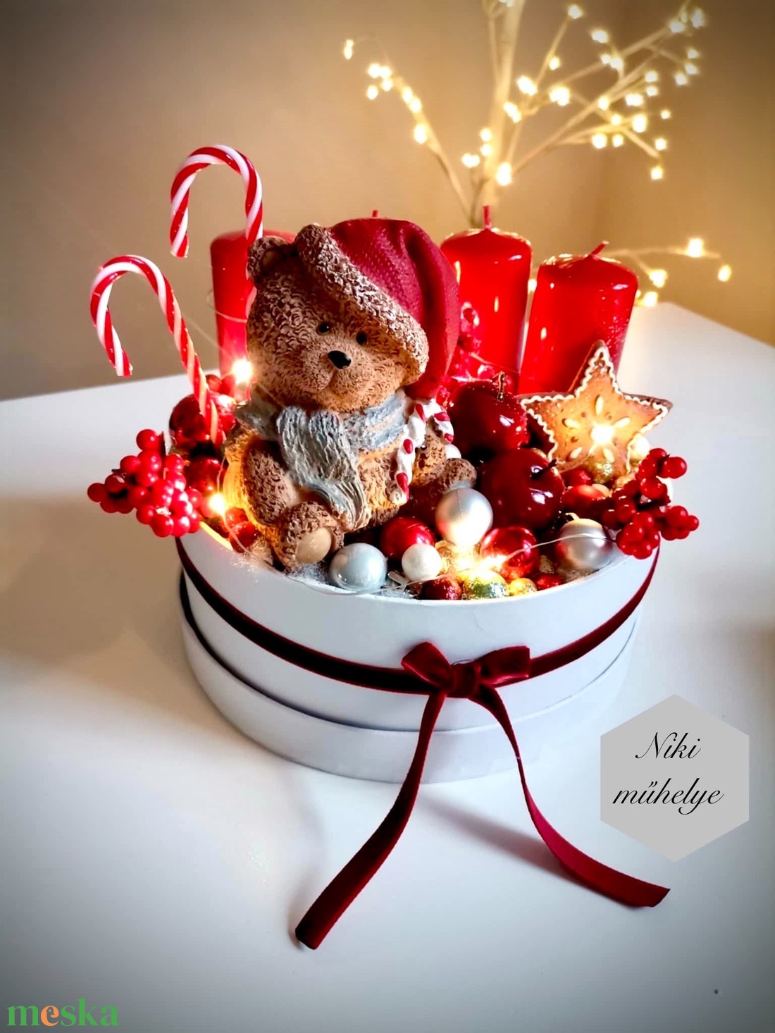 Világító adventi box, mackó adventi dísz, adventi koszorú, asztaldísz (led világítással)  - karácsony - adventi díszek - adventi koszorú - Meska.hu
