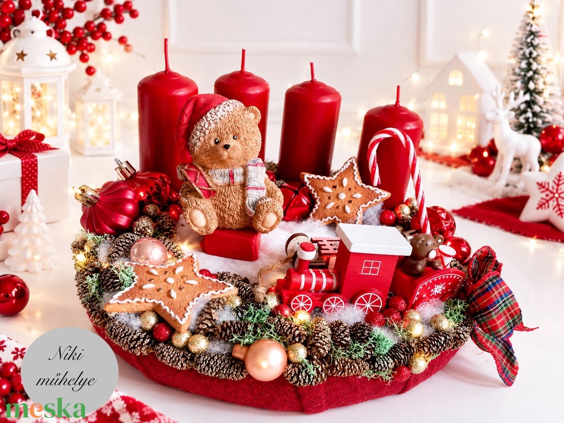 Maci adventi koszorú, mackó adventi dísz, adventi koszorú, advent maci piros gyertya  - karácsony - adventi díszek - adventi koszorú - Meska.hu