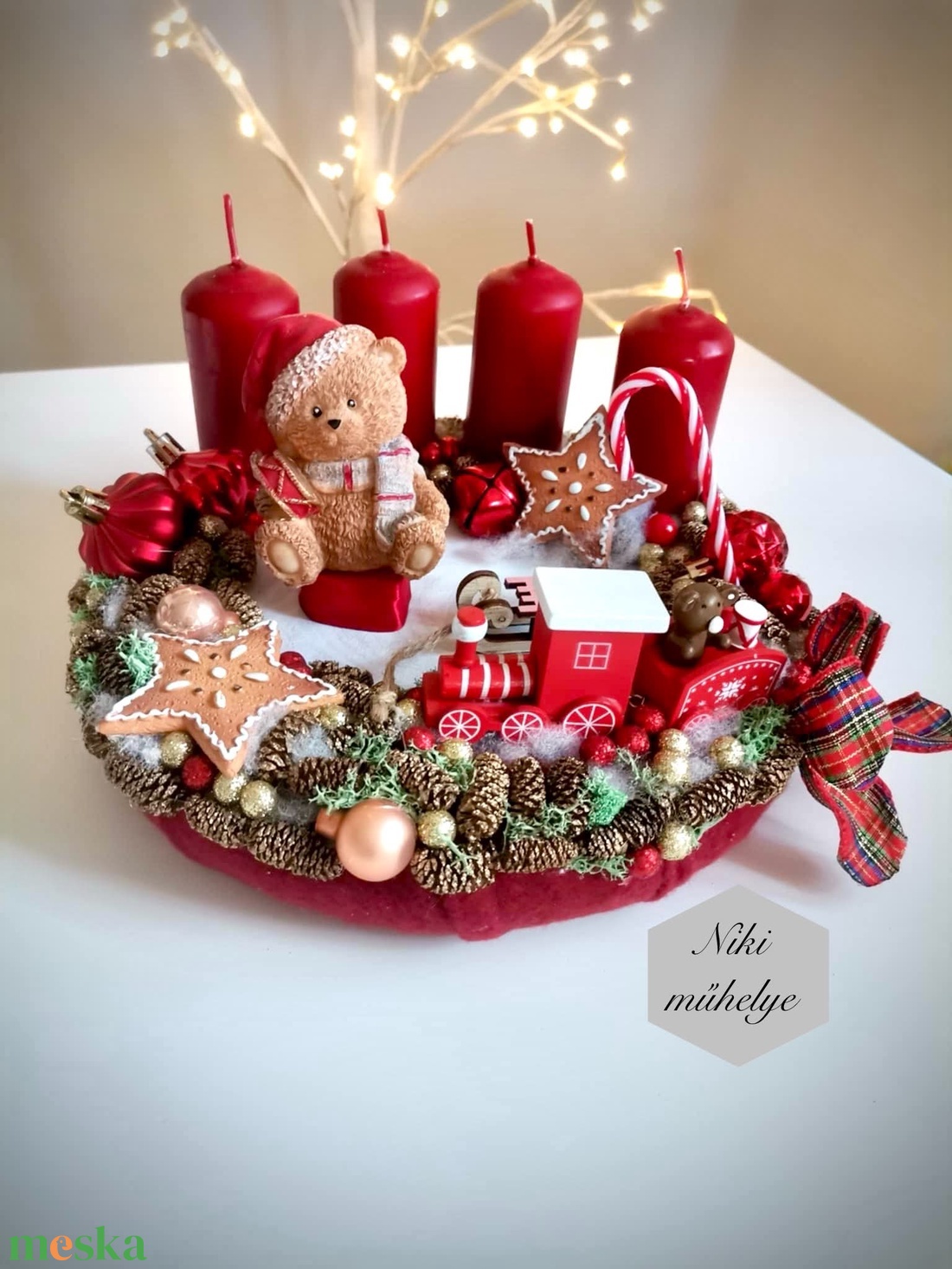 Maci adventi koszorú, mackó adventi dísz, adventi koszorú, advent maci piros gyertya  - karácsony - adventi díszek - adventi koszorú - Meska.hu