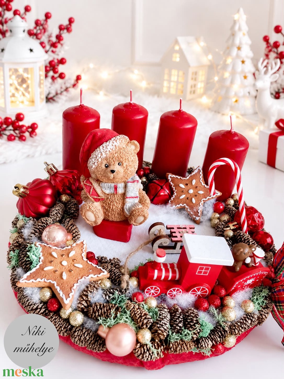 Maci adventi koszorú, mackó adventi dísz, adventi koszorú, advent maci piros gyertya  - karácsony - adventi díszek - adventi koszorú - Meska.hu