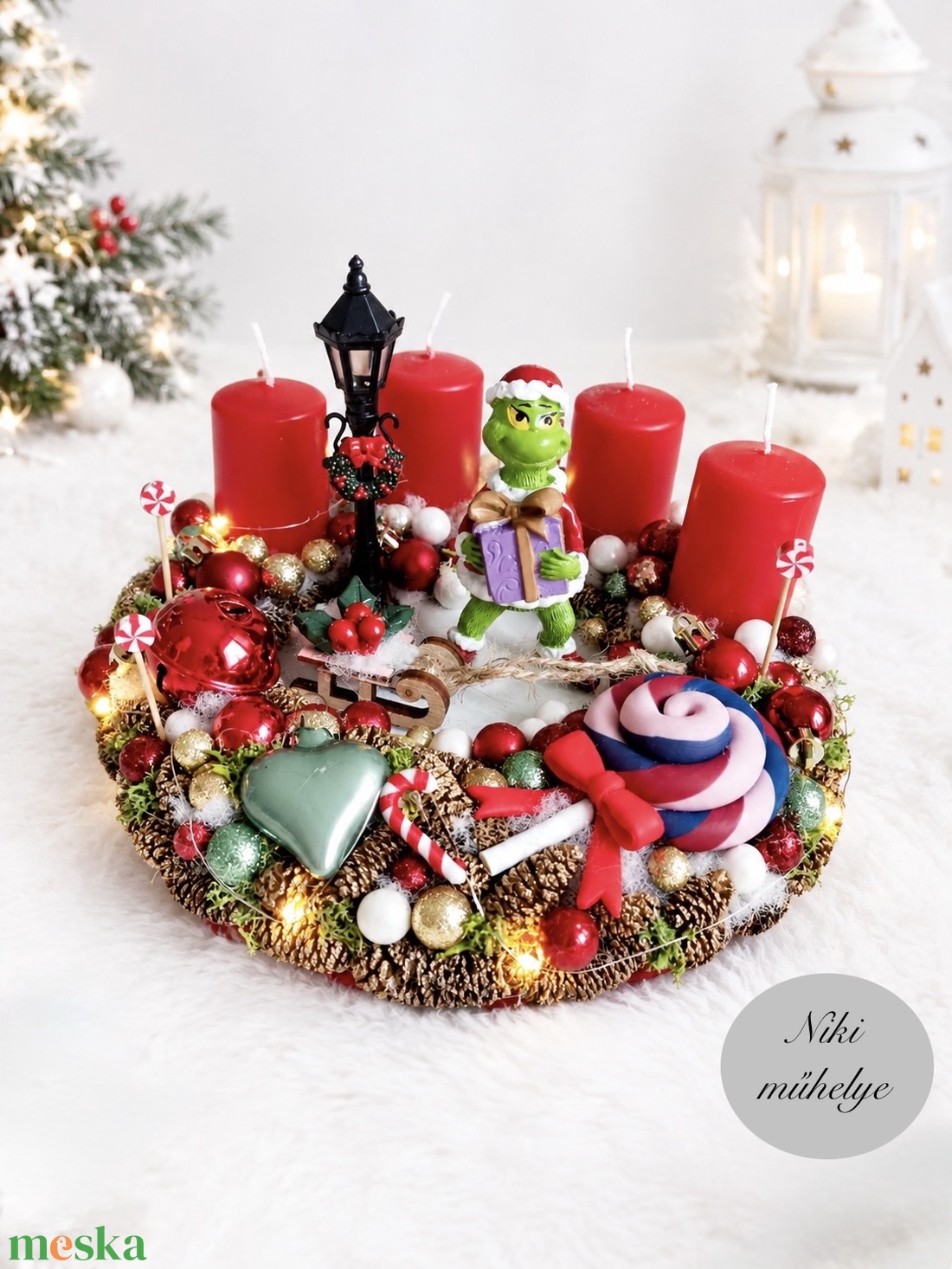 Világító Grincs adventi koszorú, grincses adventi dísz, adventi koszorú, világító grinch  - karácsony - adventi díszek - adventi koszorú - Meska.hu