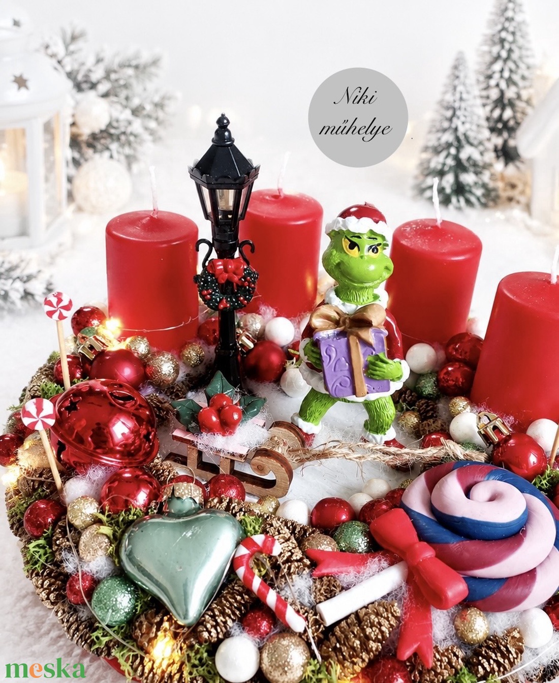 Világító Grincs adventi koszorú, grincses adventi dísz, adventi koszorú, világító grinch  - karácsony - adventi díszek - adventi koszorú - Meska.hu